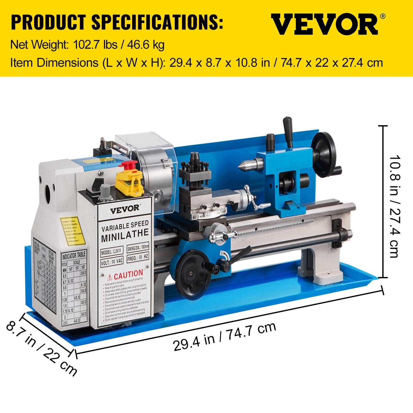 7" x 14" Mini Metal Lathe β Variable Speed 0β2500 RPM, Benchtop Lathe with 4" 3-Jaw Chuck for Precision Metal Turning