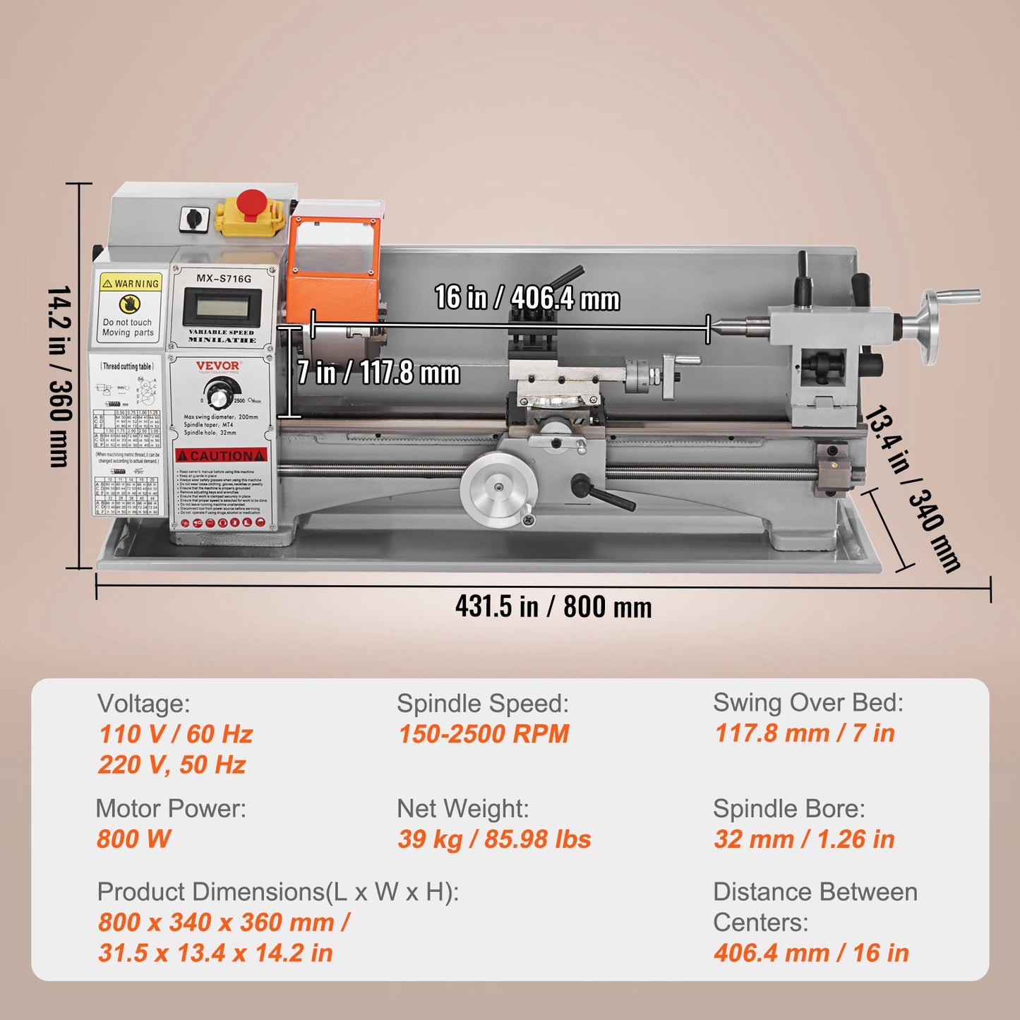 Mini Metal Lathe Machine β 7" x 16", 800W Precision Benchtop Power Lathe, 150β2500 RPM Variable Speed, with 3.9" 3-Jaw Chuck & Tool Box