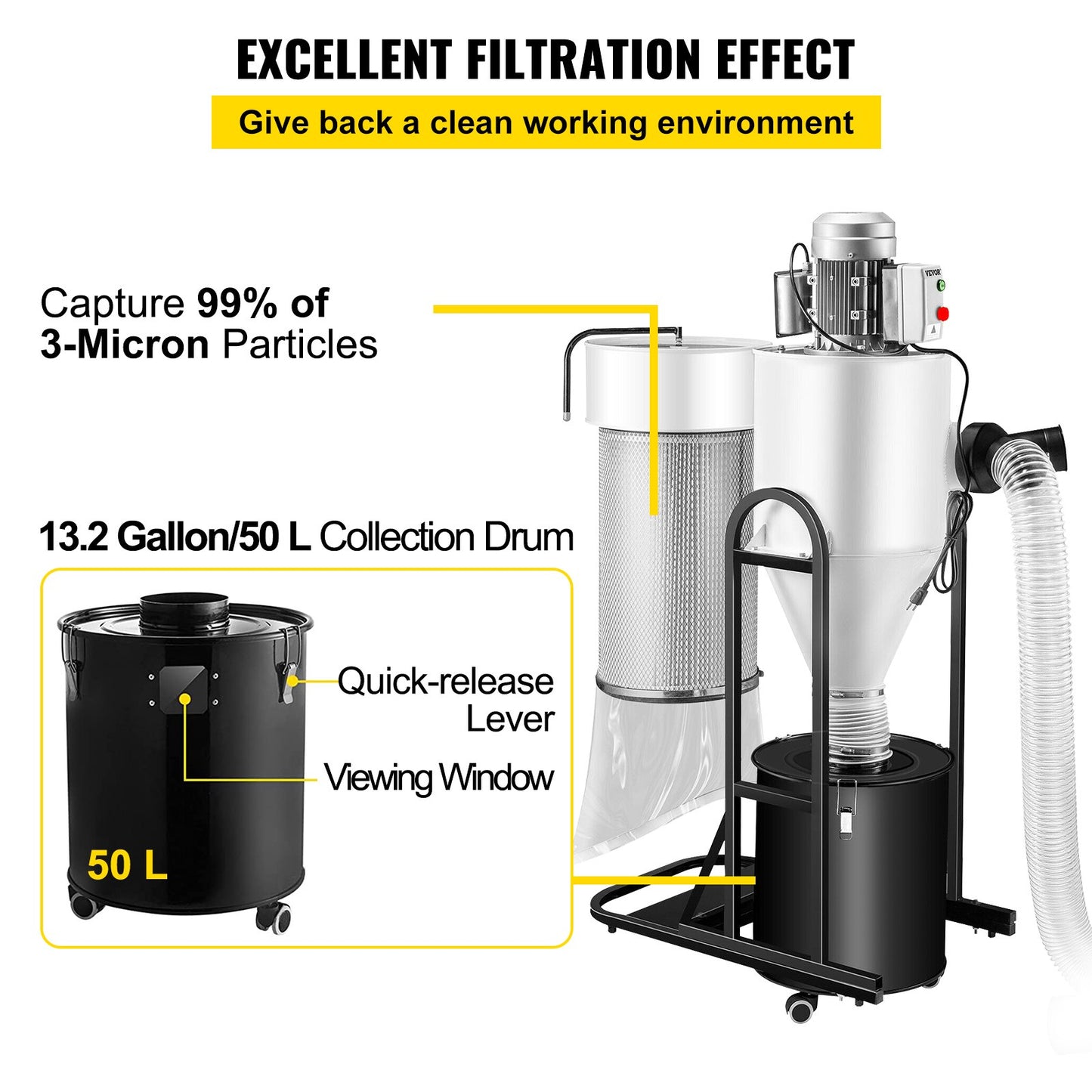 Cyclone Dust Collector Woodworking Dust Collector 2HP 220V Heavy Duty