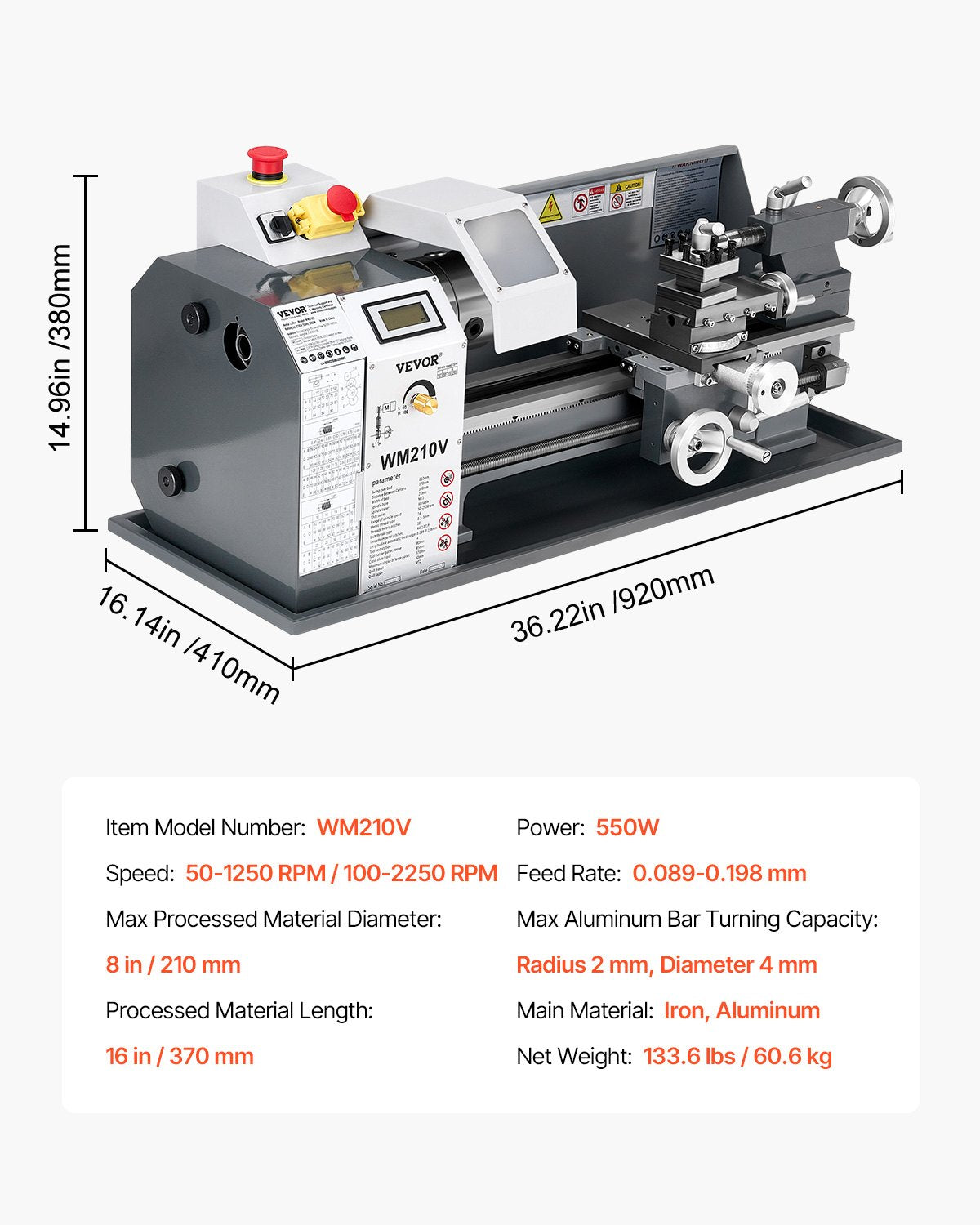 Metal Lathe β 8" x 16" Benchtop Precision Lathe Machine, 550W Motor, 0β2500 RPM Variable Speed, Compact Power Lathe for Metalworking