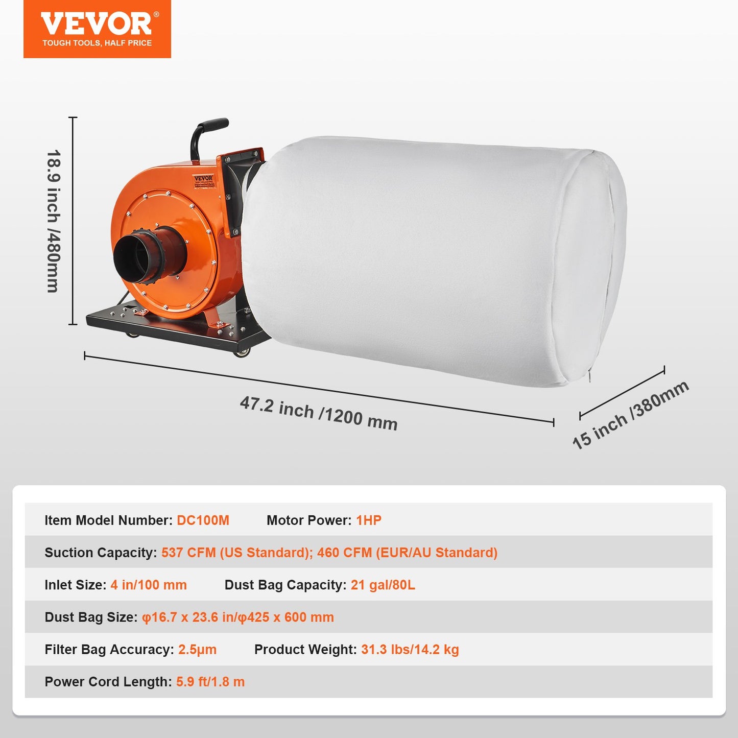 1HP Rolling Dust Collector – 537 CFM | Mobile Dust System with 21-Gallon Bag