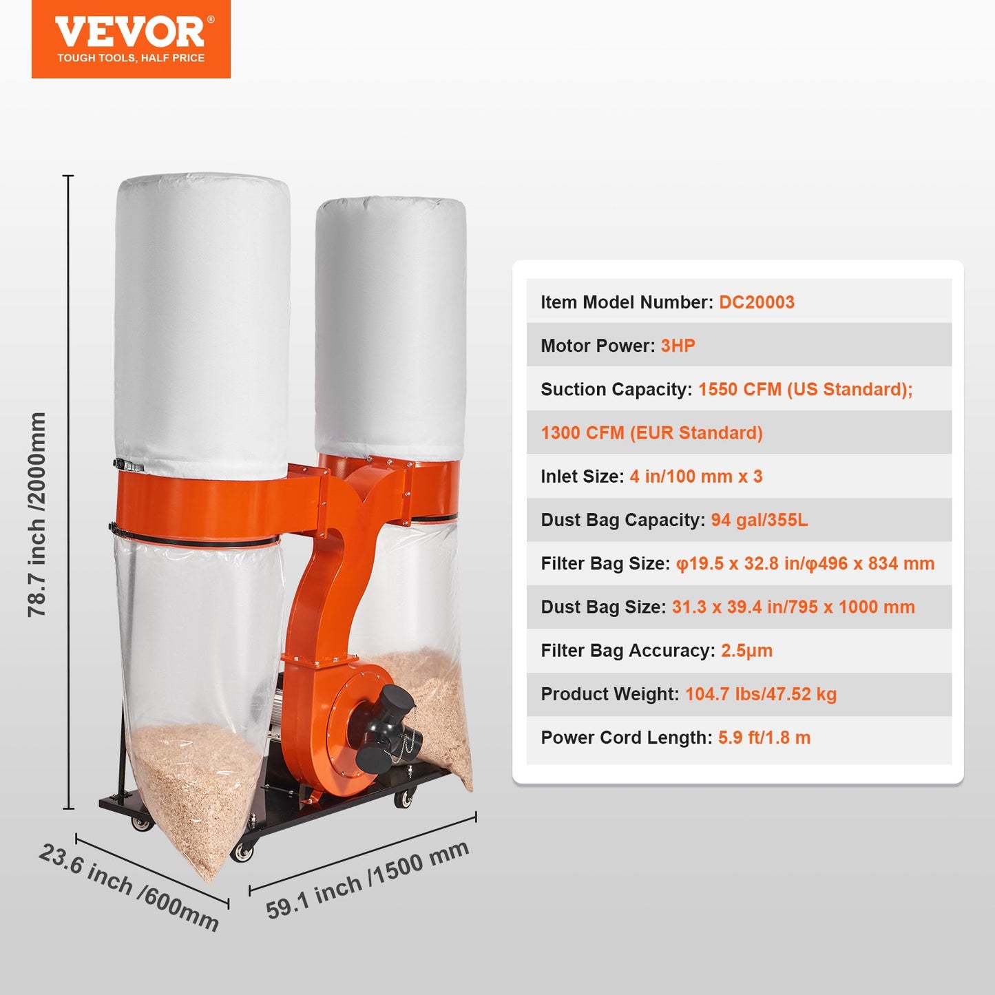 Dual Collector Dust System – 3HP, 1550 CFM | Heavy Duty Woodshop Extractor