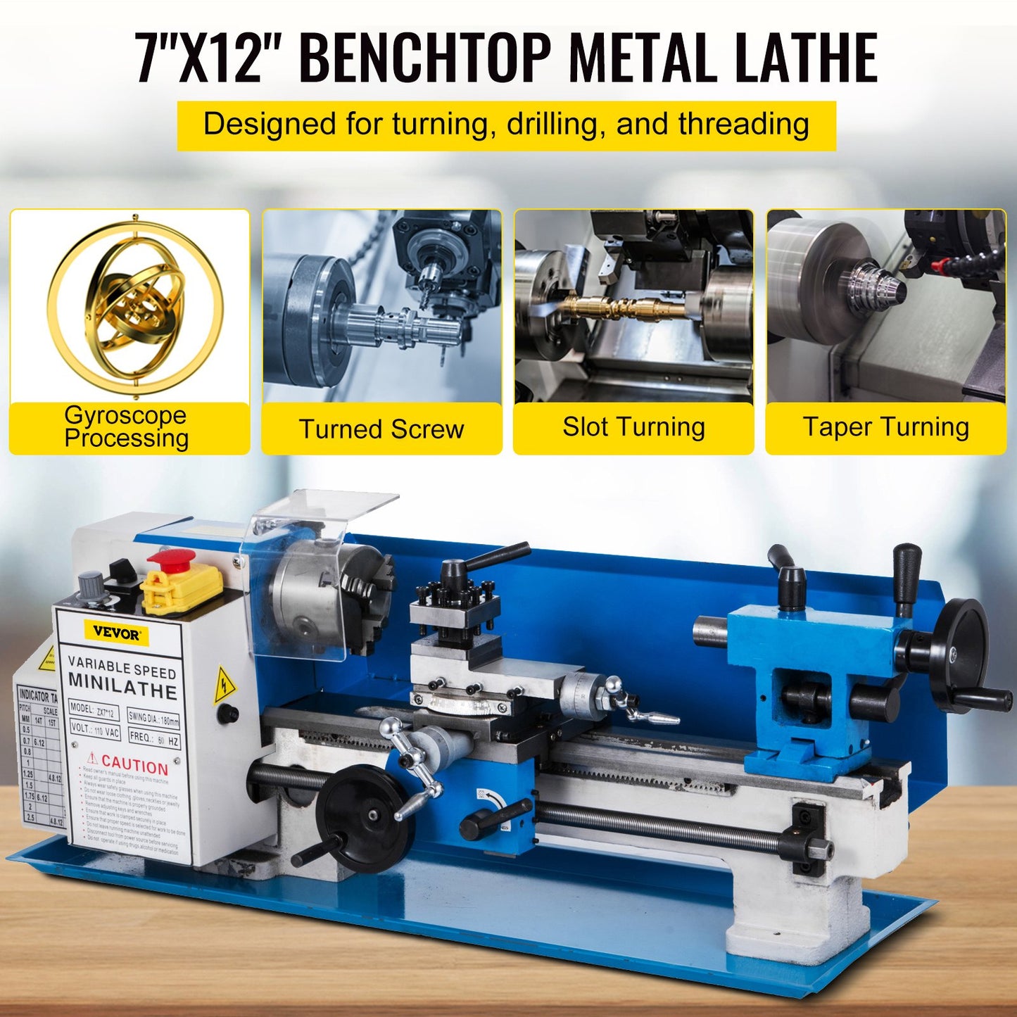 7" x 12" Mini Metal Lathe β 550W Benchtop Precision Lathe, Variable Speed 50β2500 RPM, Nylon Gears with Movable Lamp for Metalworking