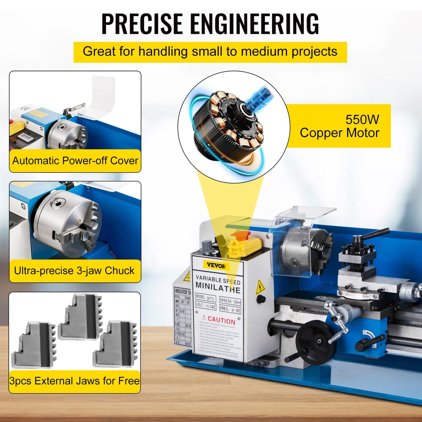 7" x 12" Mini Metal Lathe β 550W Benchtop Precision Lathe, Variable Speed 50β2500 RPM, Nylon Gears with Movable Lamp for Metalworking