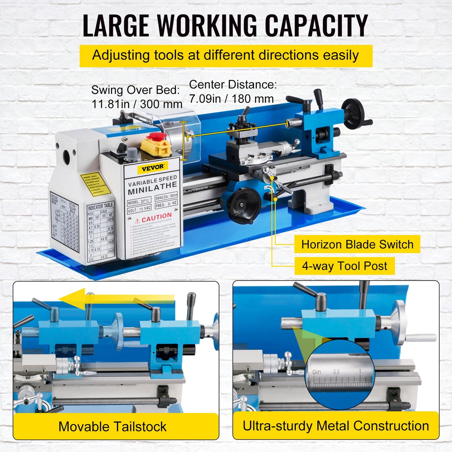 7" x 12" Mini Metal Lathe β 550W Benchtop Precision Lathe, Variable Speed 50β2500 RPM, Nylon Gears with Movable Lamp for Metalworking