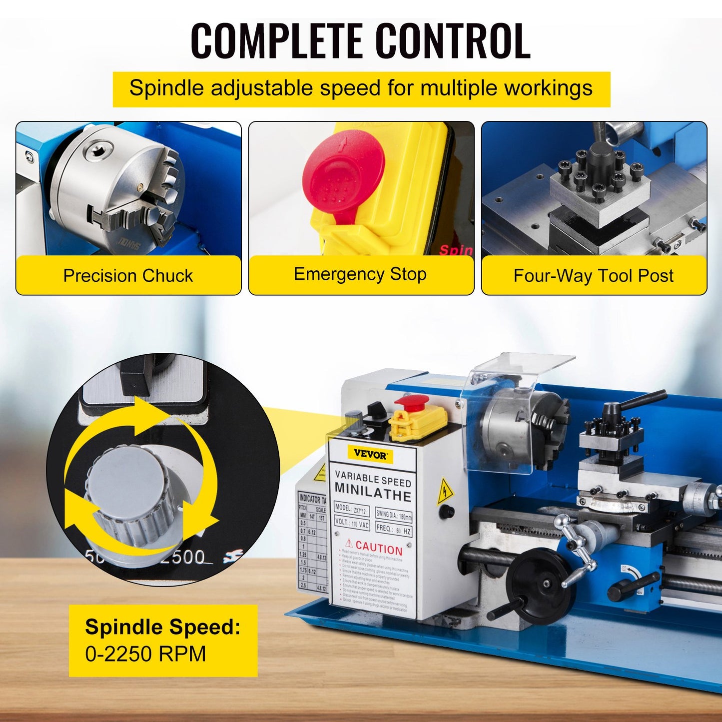 7" x 12" Mini Metal Lathe β 550W Benchtop Precision Lathe, Variable Speed 50β2500 RPM, Nylon Gears with Movable Lamp for Metalworking