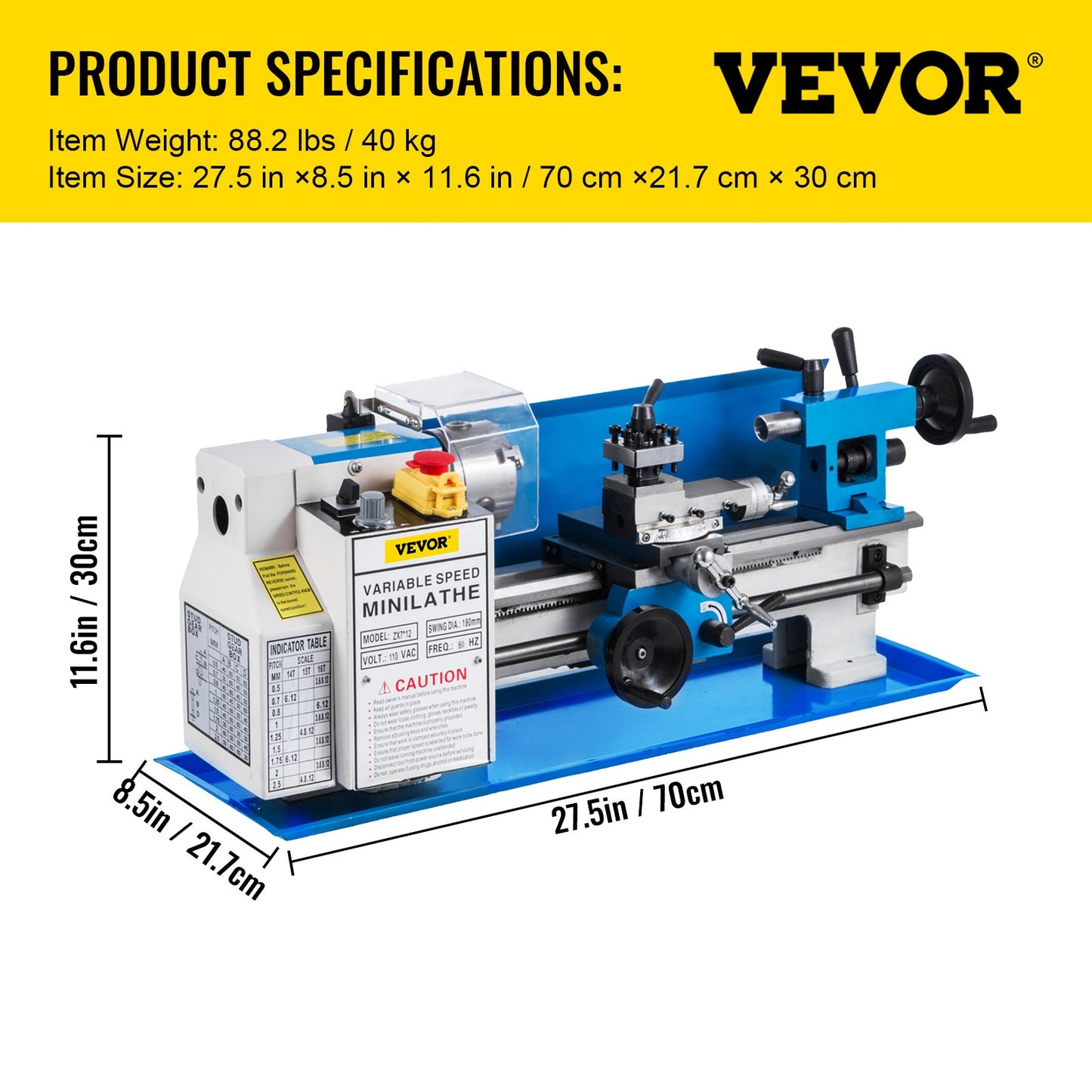 7" x 12" Mini Metal Lathe β 550W Benchtop Precision Lathe, Variable Speed 50β2500 RPM, Nylon Gears with Movable Lamp for Metalworking