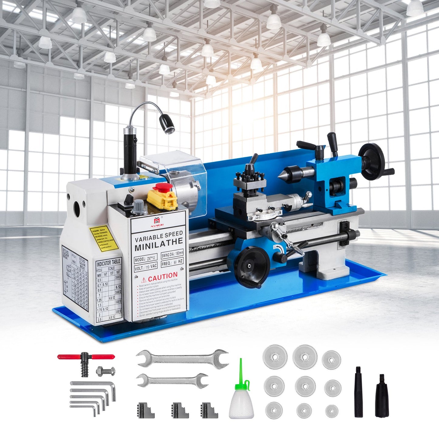 7" x 12" Mini Metal Lathe β 550W Benchtop Precision Lathe, Variable Speed 50β2500 RPM, Nylon Gears with Movable Lamp for Metalworking