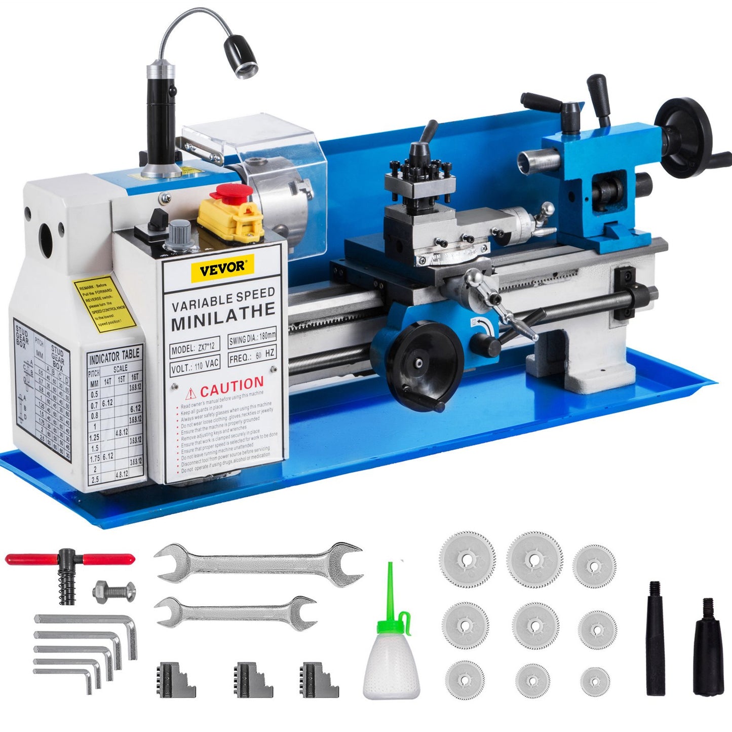 7" x 12" Mini Metal Lathe β 550W Benchtop Precision Lathe, Variable Speed 50β2500 RPM, Nylon Gears with Movable Lamp for Metalworking
