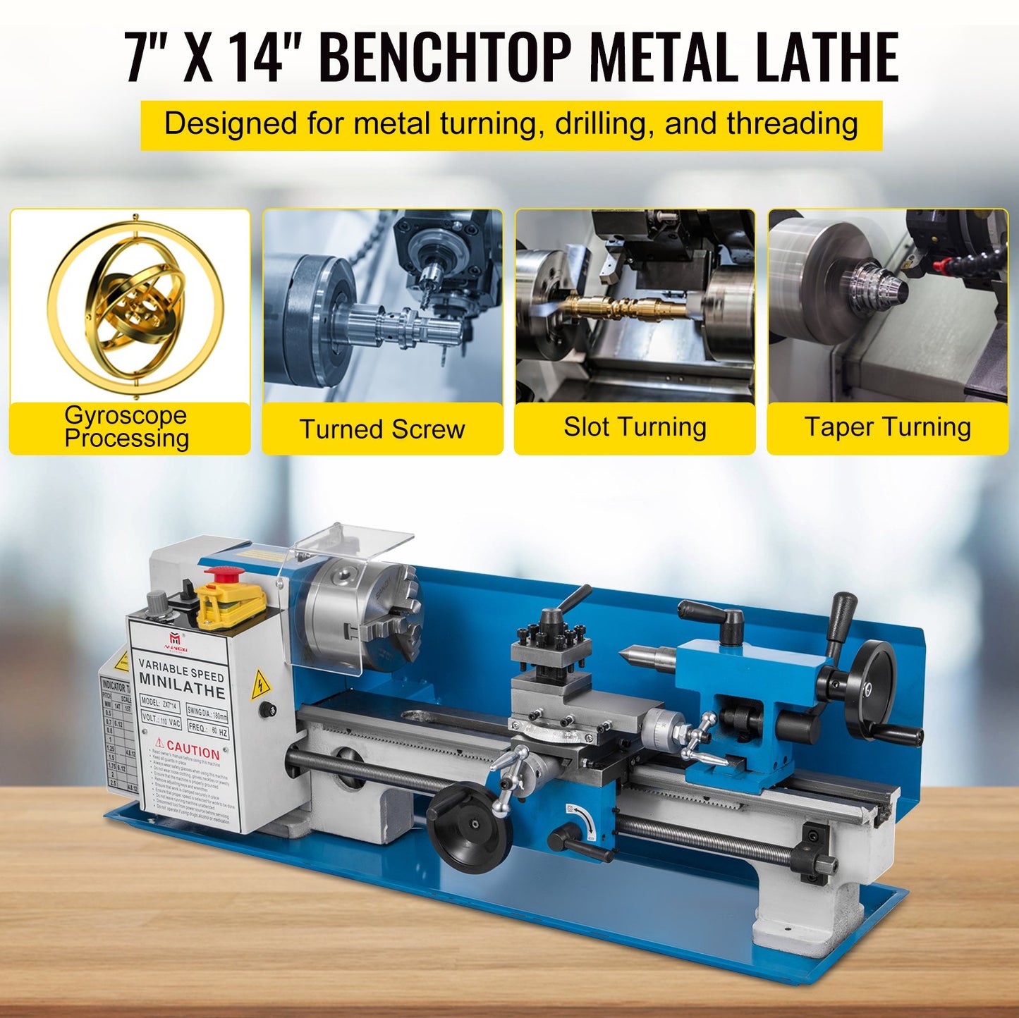 7" x 14" Mini Metal Lathe β 550W Precision Benchtop Lathe, Variable Speed 50β2500 RPM, Nylon Gears with Movable Lamp for Metalworking