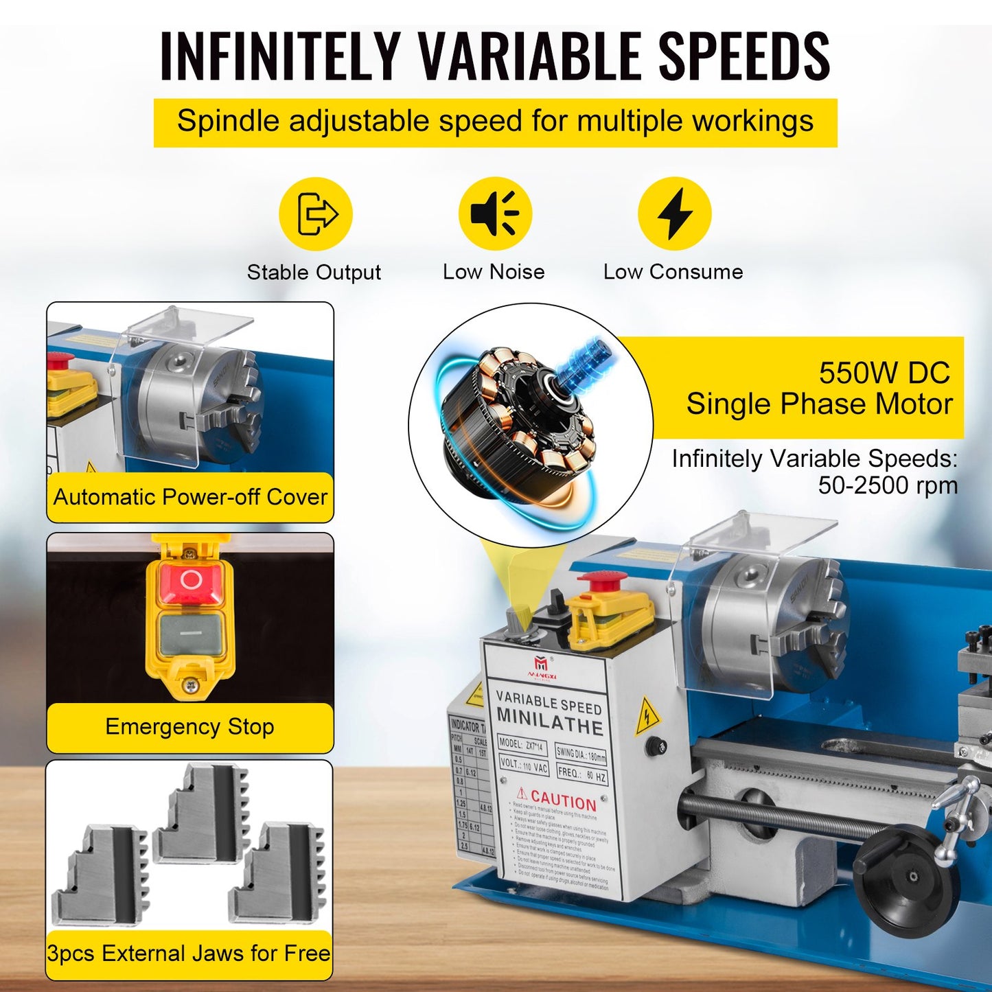 7" x 14" Mini Metal Lathe β 550W Precision Benchtop Lathe, Variable Speed 50β2500 RPM, Nylon Gears with Movable Lamp for Metalworking