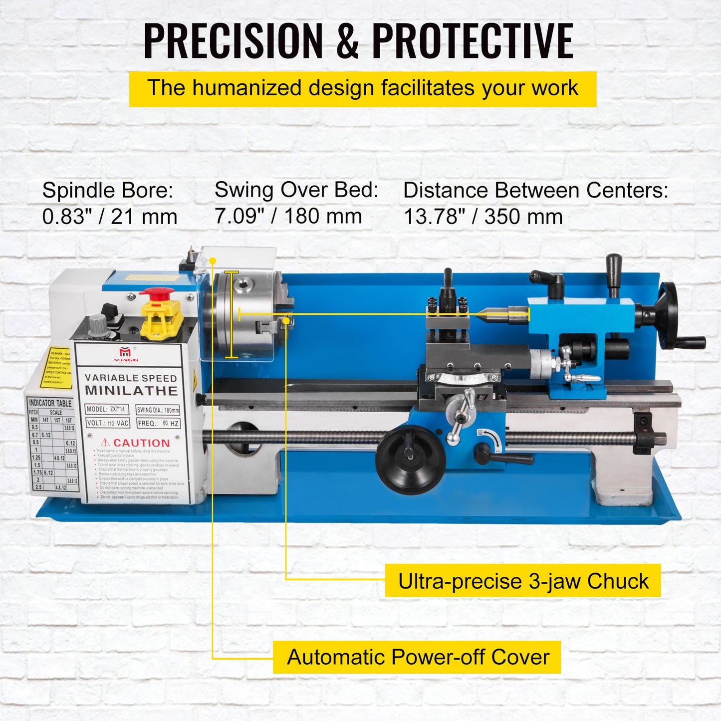 7" x 14" Mini Metal Lathe β 550W Precision Benchtop Lathe, Variable Speed 50β2500 RPM, Nylon Gears with Movable Lamp for Metalworking