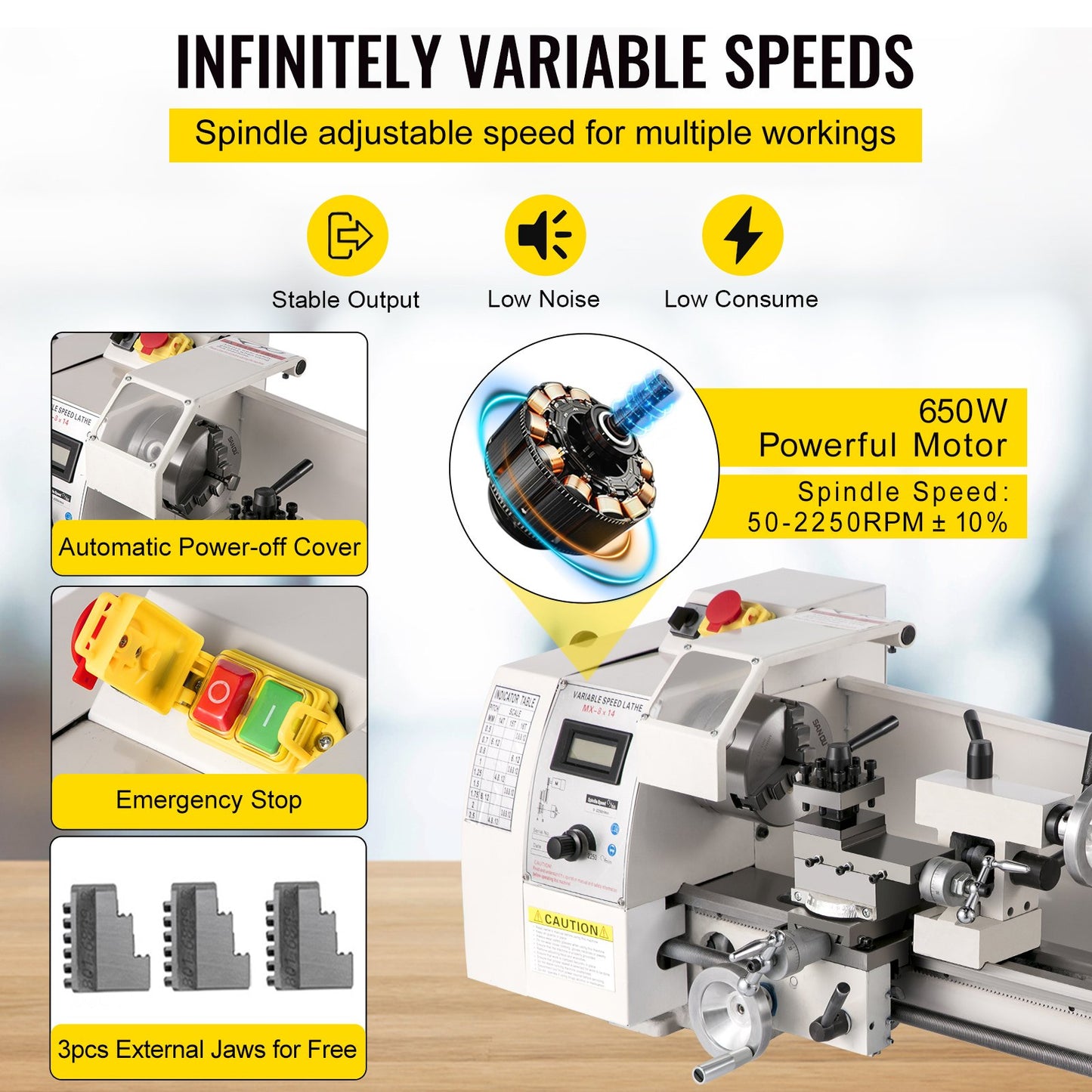 Mini Metal Lathe β 8" x 14", 650W Variable Speed Benchtop Lathe, 2250 RPM Precision Metalworking Lathe for Turning, Threading, and Milling