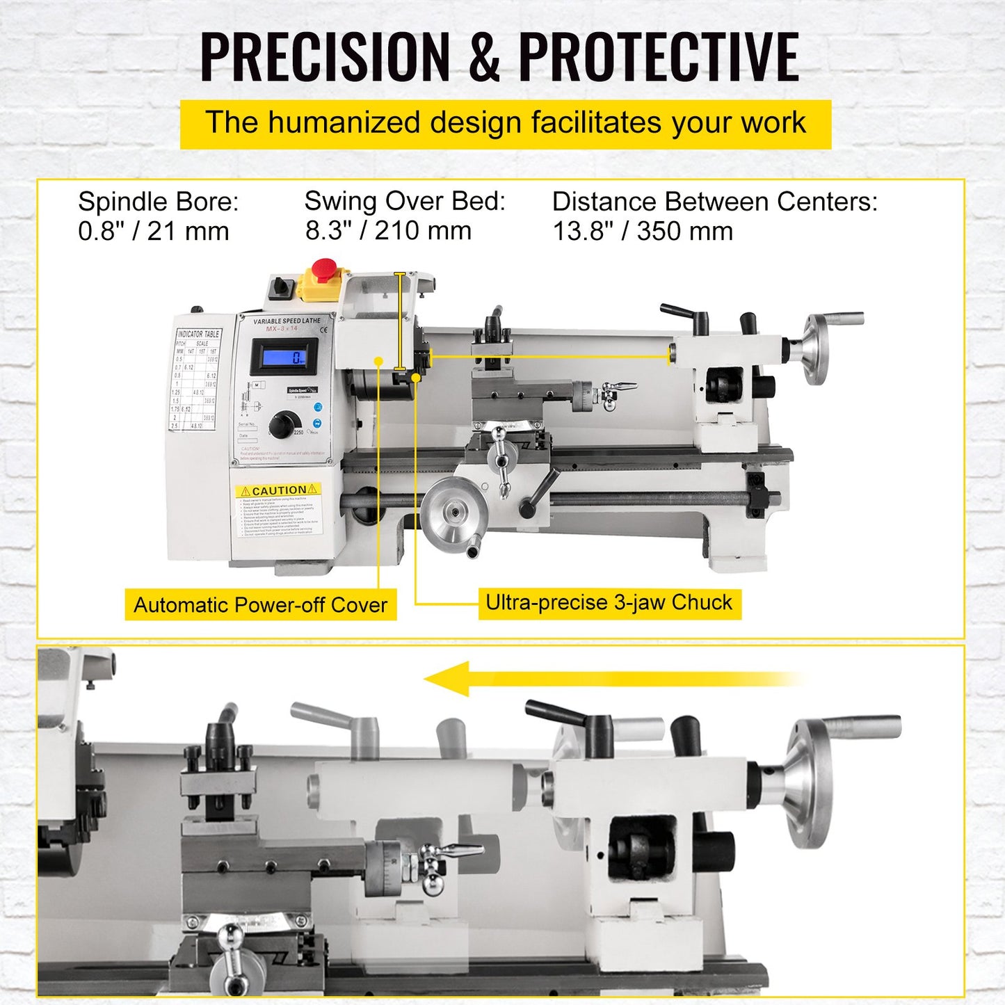 Mini Metal Lathe β 8" x 14", 650W Variable Speed Benchtop Lathe, 2250 RPM Precision Metalworking Lathe for Turning, Threading, and Milling