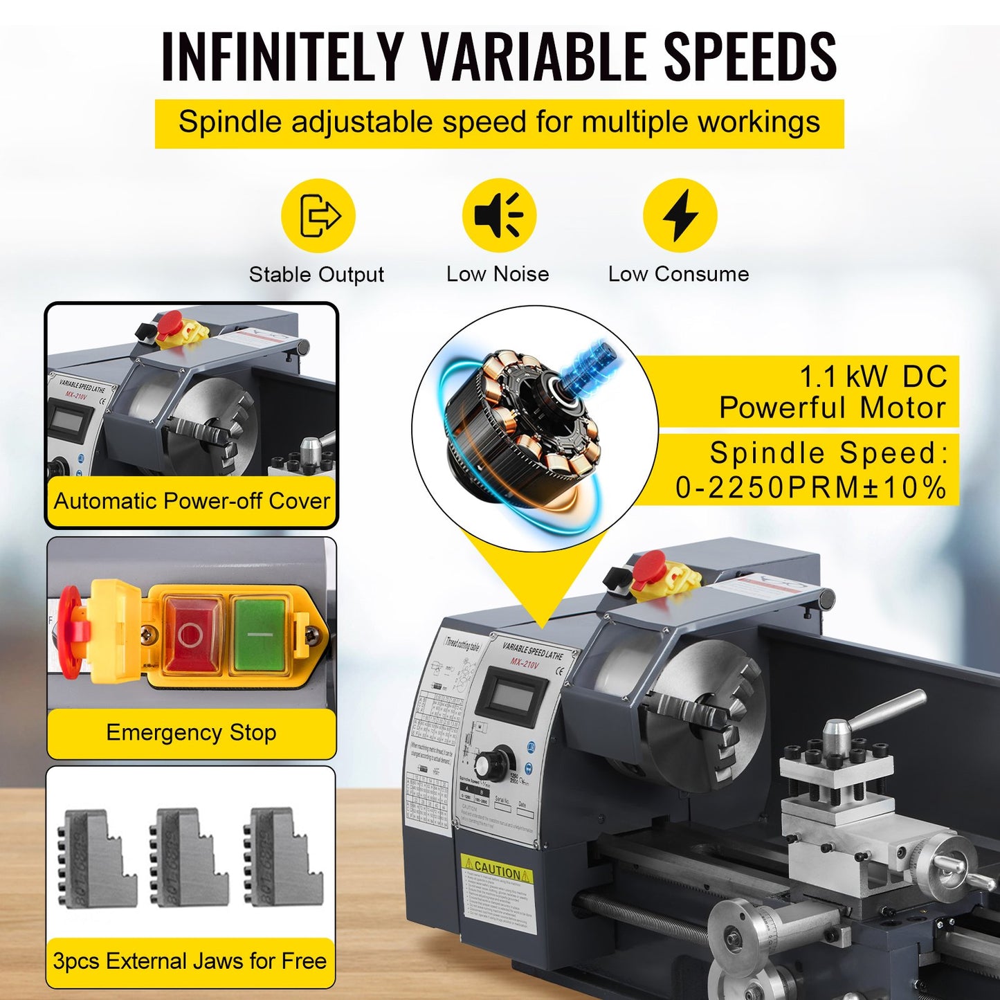 Metal Lathe – 8.3" x 29.5" Benchtop Precision Lathe, 750W Brushless Motor, 0–2500 RPM Variable Speed, Metal Gears, with Tool Box