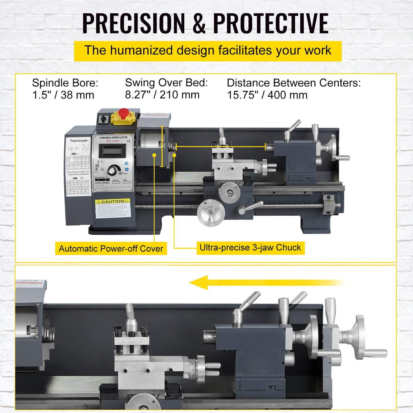 Metal Lathe – 8.3" x 29.5" Benchtop Precision Lathe, 750W Brushless Motor, 0–2500 RPM Variable Speed, Metal Gears, with Tool Box