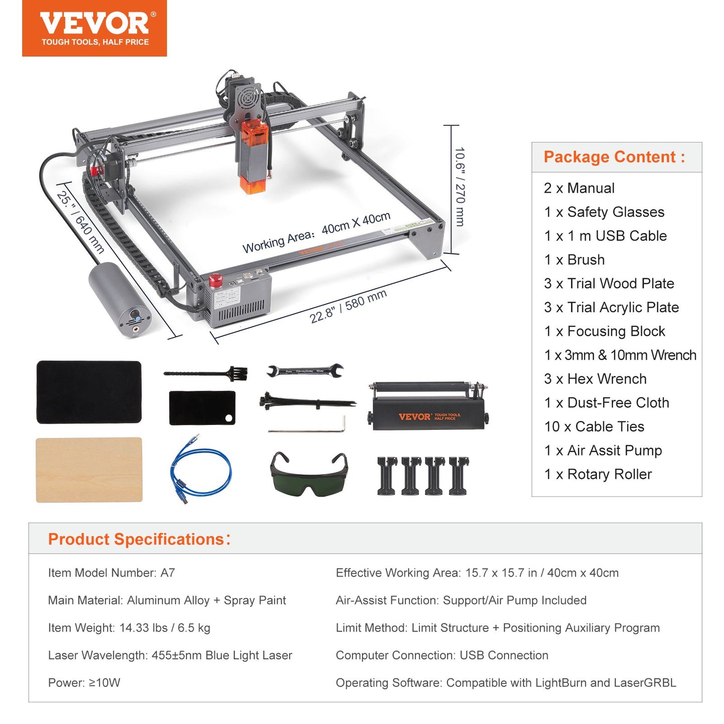 10W Laser Engraver with Rotary Roller โ 15.7"x15.7" Work Area, 10,000mm/min Speed, Compressed Spot Cutter for Wood, Metal, Acrylic & More