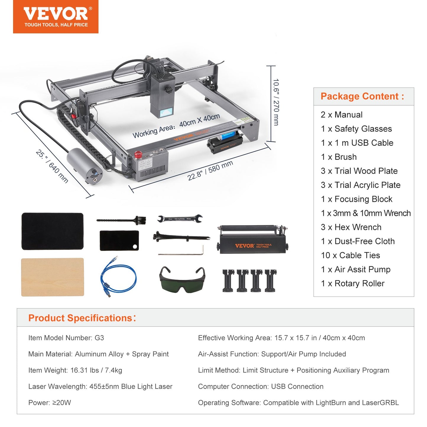 20W Laser Engraver with Rotary – 15.7"x15.7" Work Area, 10,000mm/min Speed, Compressed Spot Laser Cutter for Wood, Metal, Acrylic & More