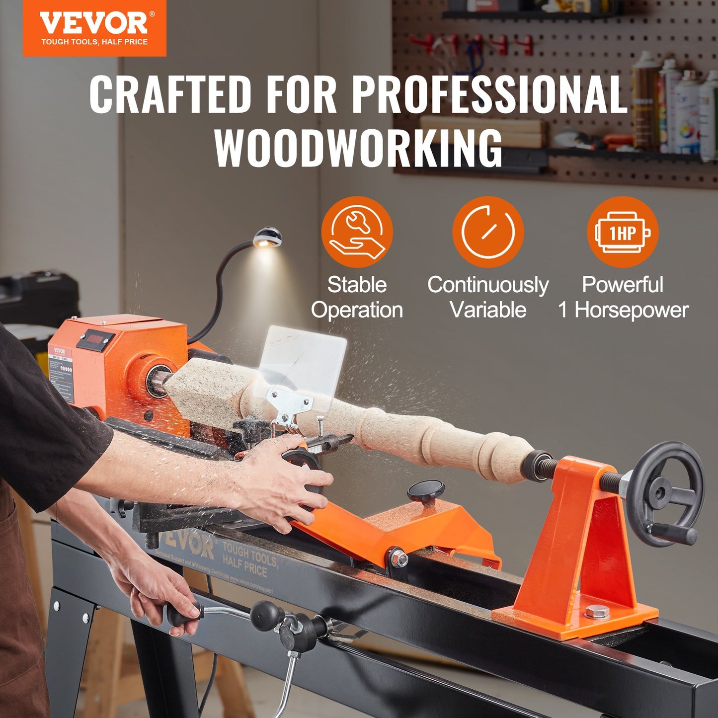 Wood Lathe with Copy Attachment – 13.78" x 37.8" Capacity, 750W (1 HP) Variable Speed Woodworking Lathe with Stand, Light, and Turning Tool Set