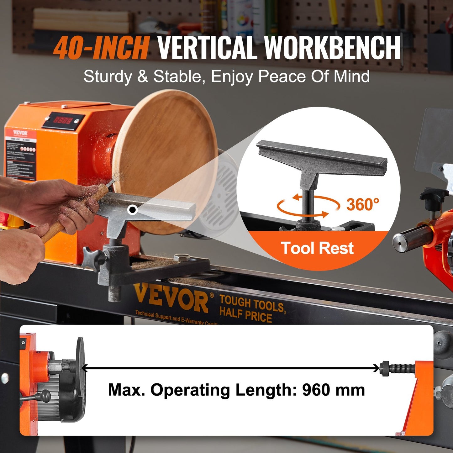 Wood Lathe with Copy Attachment – 13.78" x 37.8" Capacity, 750W (1 HP) Variable Speed Woodworking Lathe with Stand, Light, and Turning Tool Set
