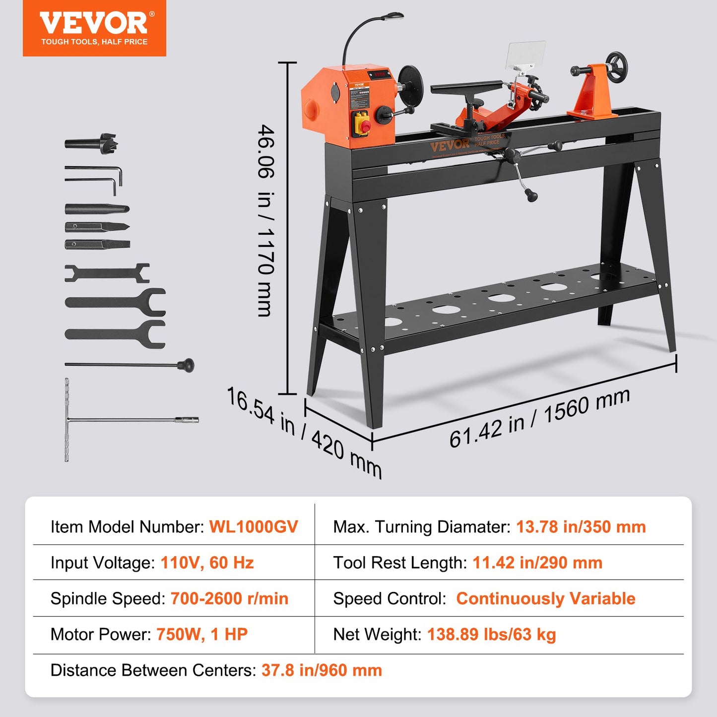 Wood Lathe with Copy Attachment – 13.78" x 37.8" Capacity, 750W (1 HP) Variable Speed Woodworking Lathe with Stand, Light, and Turning Tool Set