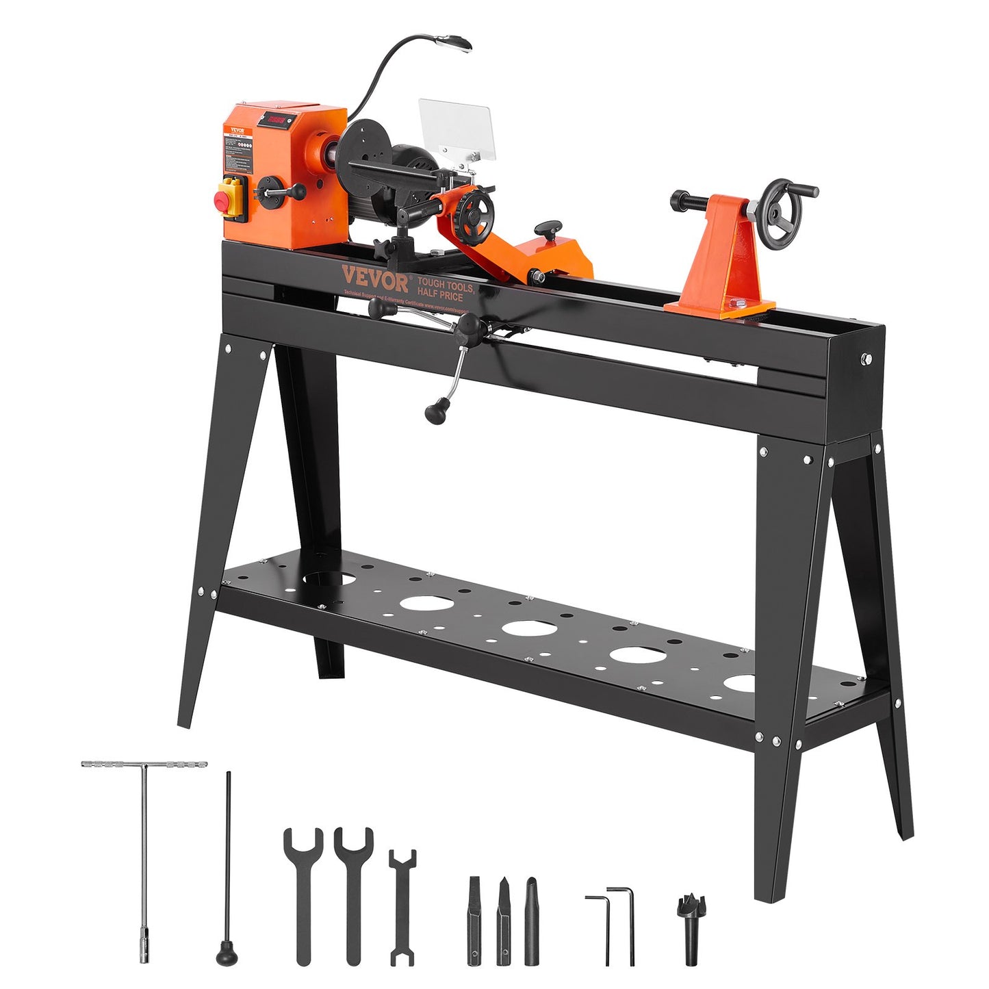 Wood Lathe with Copy Attachment – 13.78" x 37.8" Capacity, 750W (1 HP) Variable Speed Woodworking Lathe with Stand, Light, and Turning Tool Set