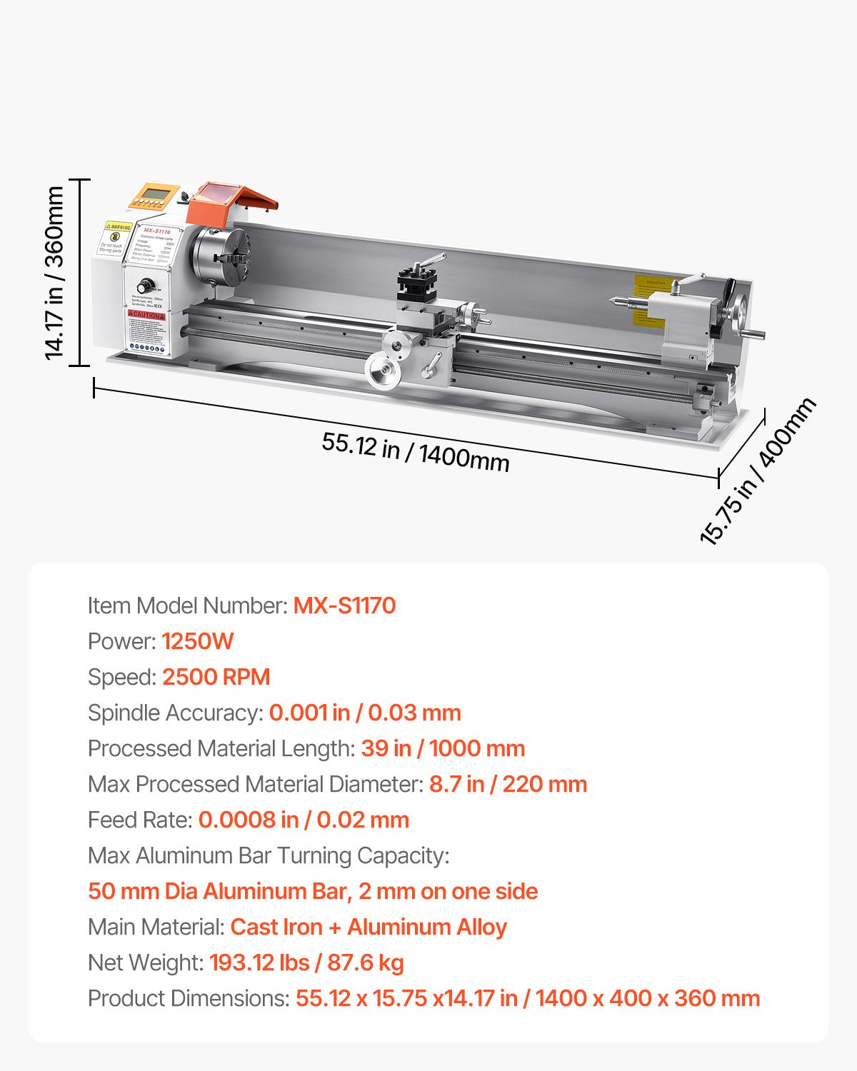 Metal Lathe Machine β 8.7" x 39" Precision Benchtop Lathe with Automatic Feed, Variable Speed, Heavy-Duty Power Lathe for Metalworking
