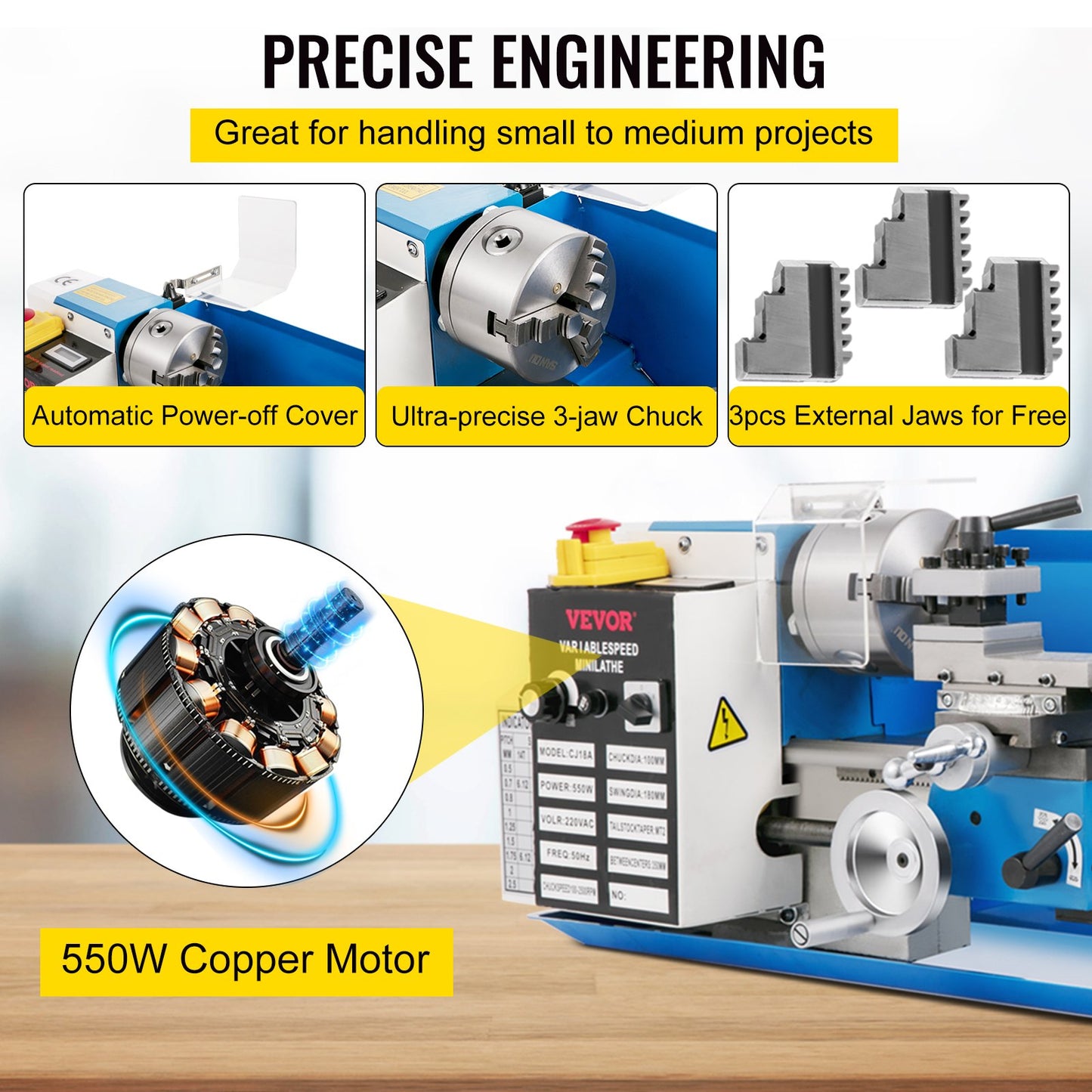 7" x 14" Mini Wood Lathe – 550W Precision Benchtop Turning Machine for Woodworking and Light-Duty Projects