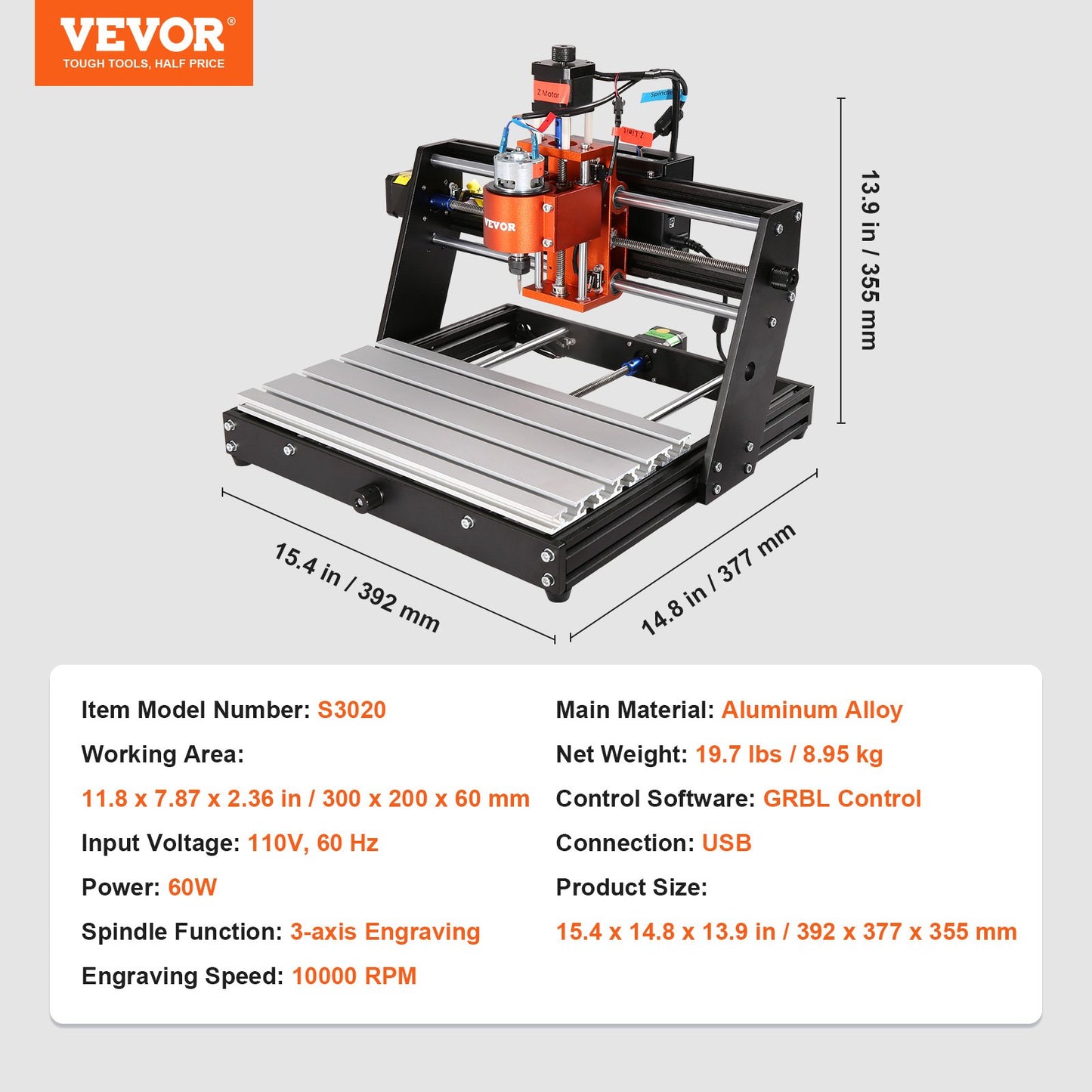 3-Axis CNC Router Machine β 60W, 11.8"x7.87" Work Area, GRBL Control, 1200 RPM Spindle for Wood, Acrylic, MDF, PVC, Plastic & Foam