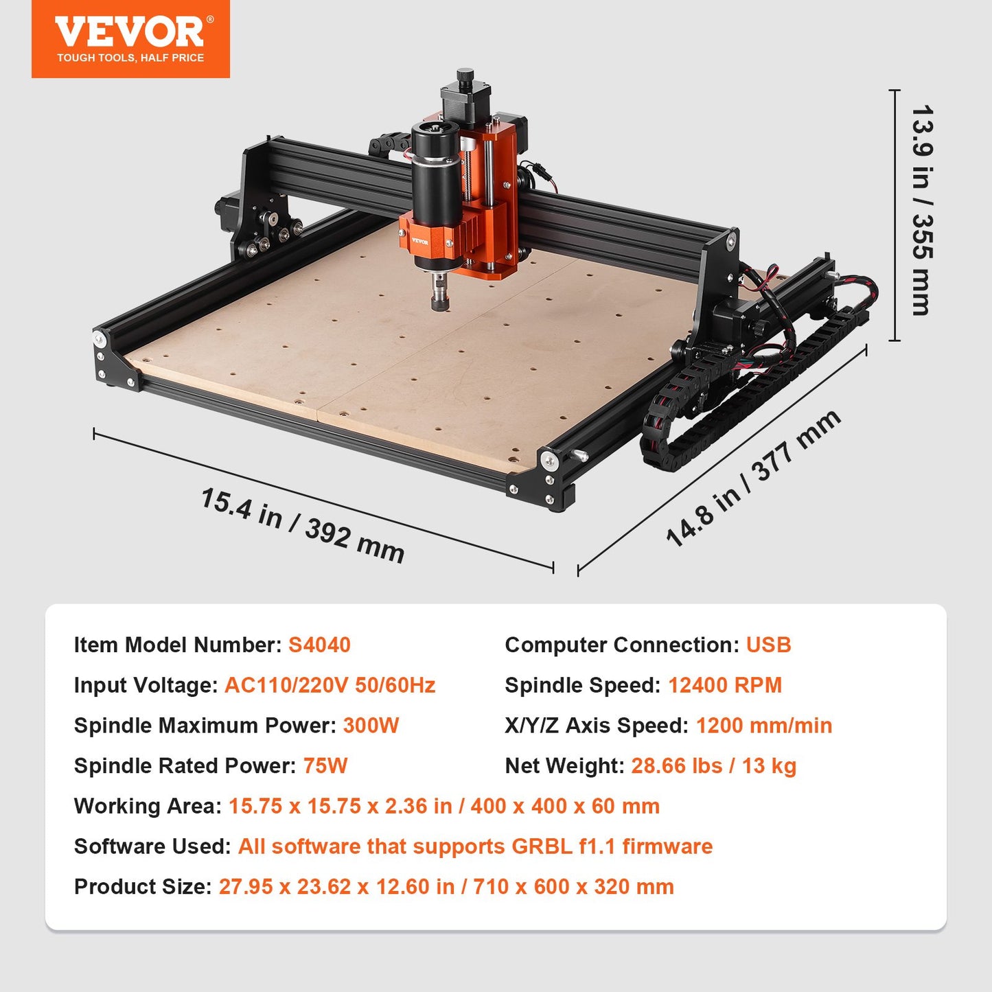 3-Axis CNC Router Machine – 300W Spindle, 15.7"x15.7" Work Area, GRBL Control for Wood, Acrylic, MDF, PVC, Plastic & Foam