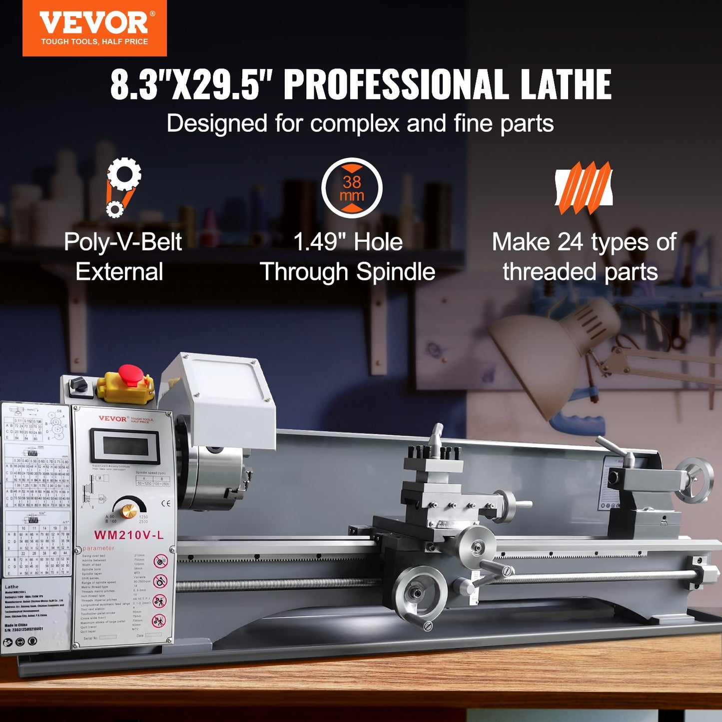 8.3"x29.5" Benchtop Metal Lathe – 750W Brushless Motor, 0–2500 RPM Variable Speed, Precision Lathe with Metal Gears & Tool Box