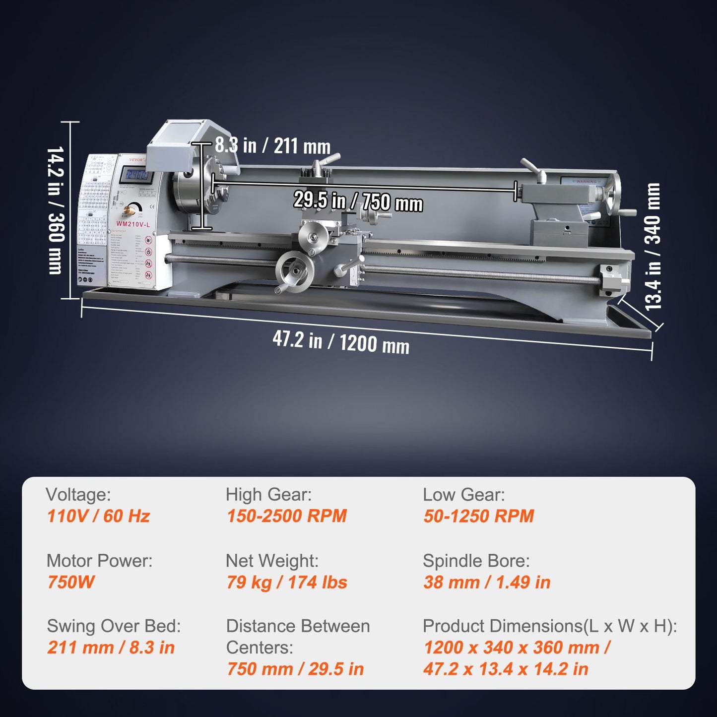 8.3"x29.5" Benchtop Metal Lathe – 750W Brushless Motor, 0–2500 RPM Variable Speed, Precision Lathe with Metal Gears & Tool Box