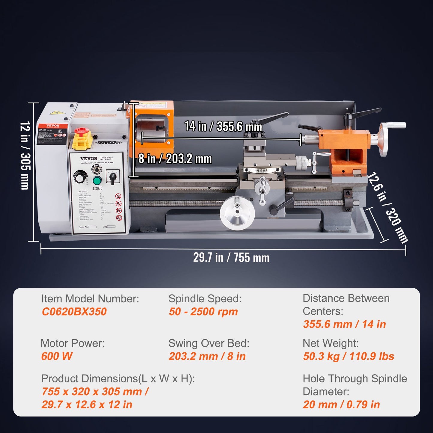 Metal Lathe Machine β 7.87" x 13.78" Benchtop Precision Lathe, 500W Motor, 50β2500 RPM Variable Speed, Metal Gears & Tool Box Included
