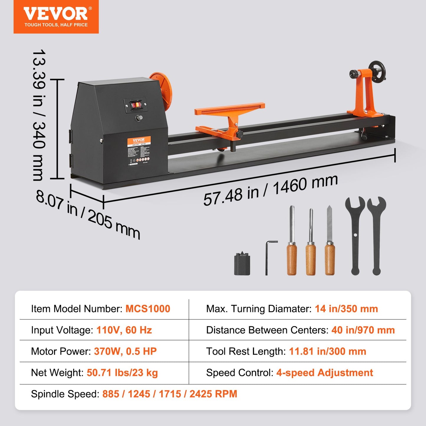 14" x 40" Benchtop Wood Lathe โ 0.5 HP (370W) Wood Turning Lathe with 4 Speeds, Chisel Set, Faceplate, and Wrenches for Woodworking Projects