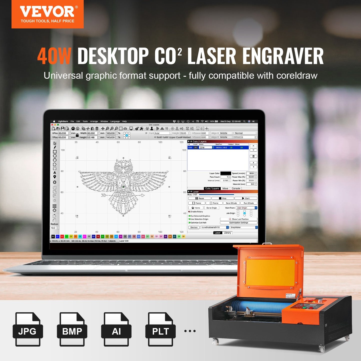 40W CO2 Desktop Laser Engraver β 12"x8" Work Area, Water-Cooled Laser Cutter, Compatible with CorelDRAW & Windows β Cuts Wood, Acrylic, Fabric & More