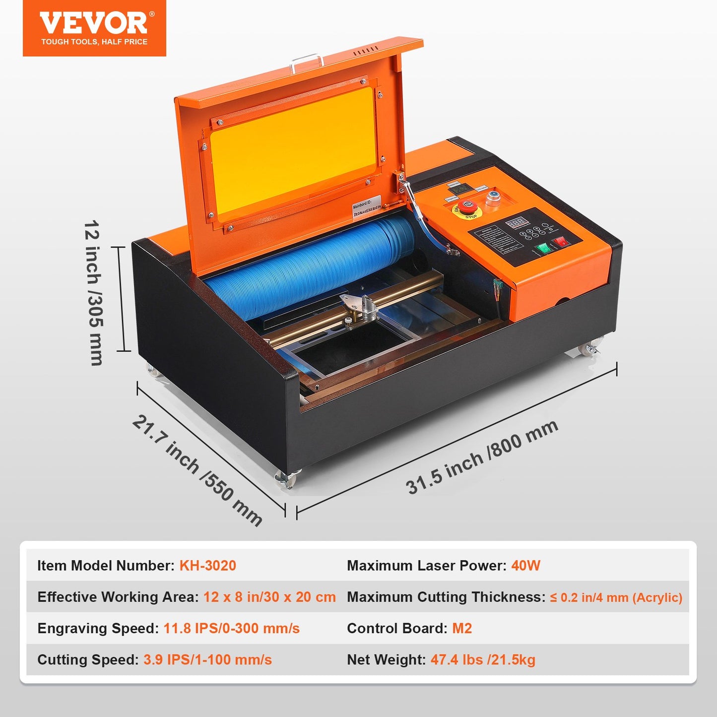 40W CO2 Desktop Laser Engraver β 12"x8" Work Area, Water-Cooled Laser Cutter, Compatible with CorelDRAW & Windows β Cuts Wood, Acrylic, Fabric & More