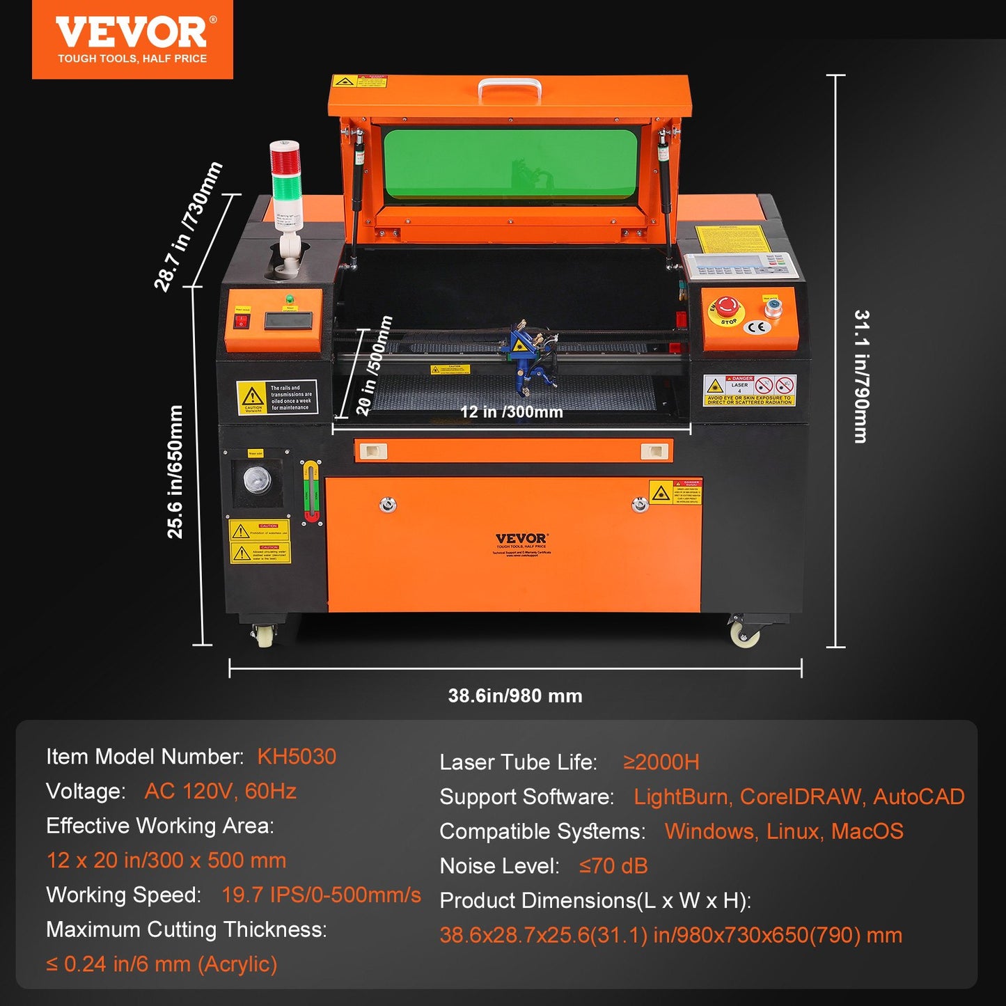 50W CO2 Laser Cutter & Engraver – 12"x20" Work Area, Air Assist, LightBurn Compatible – For Wood, Acrylic, Fabric & More