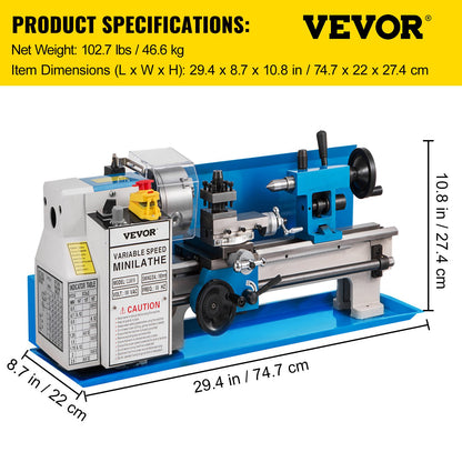 7" x 14" Mini Metal Lathe – Variable Speed 0–2500 RPM, Benchtop Lathe with 4" 3-Jaw Chuck for Precision Metal Turning