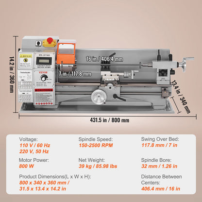 Mini Metal Lathe Machine – 7" x 16", 800W Precision Benchtop Power Lathe, 150–2500 RPM Variable Speed, with 3.9" 3-Jaw Chuck & Tool Box