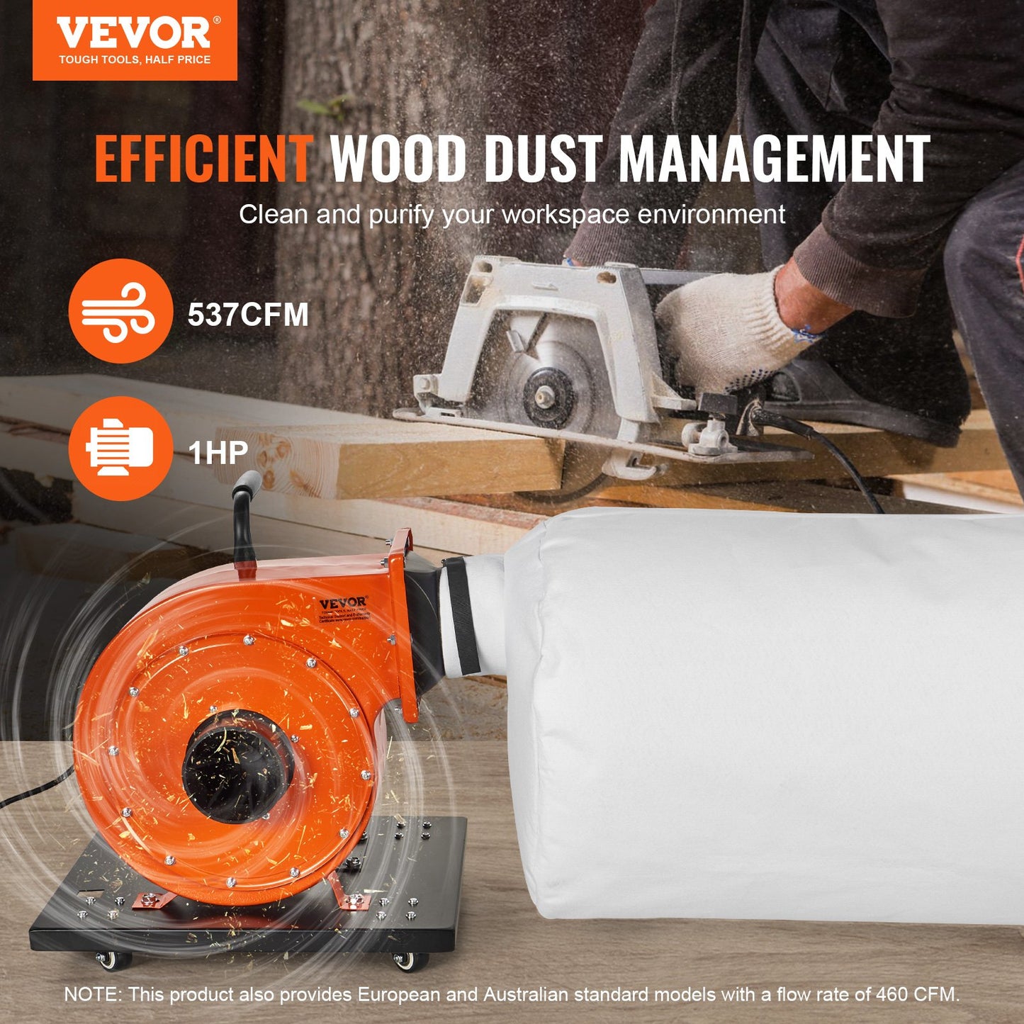 1HP Rolling Dust Collector – 537 CFM | Mobile Dust System with 21-Gallon Bag