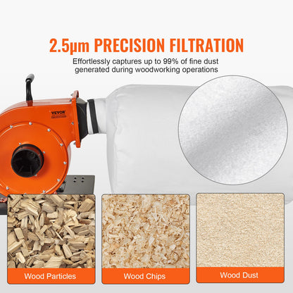 1HP Rolling Dust Collector – 537 CFM | Mobile Dust System with 21-Gallon Bag