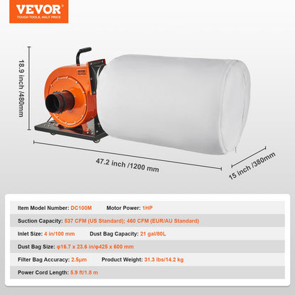 1HP Rolling Dust Collector – 537 CFM | Mobile Dust System with 21-Gallon Bag