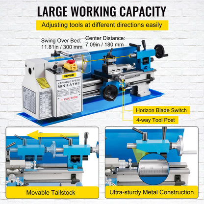 7" x 12" Mini Metal Lathe – 550W Benchtop Precision Lathe, Variable Speed 50–2500 RPM, Nylon Gears with Movable Lamp for Metalworking