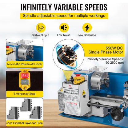 7" x 14" Mini Metal Lathe – 550W Precision Benchtop Lathe, Variable Speed 50–2500 RPM, Nylon Gears with Movable Lamp for Metalworking