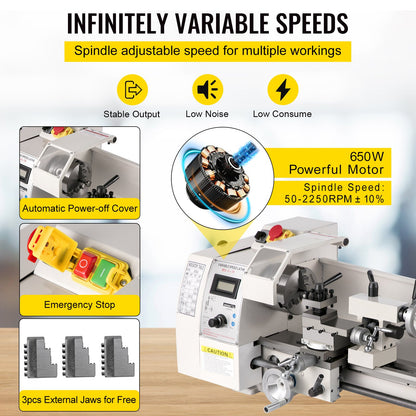 Mini Metal Lathe – 8" x 14", 650W Variable Speed Benchtop Lathe, 2250 RPM Precision Metalworking Lathe for Turning, Threading, and Milling