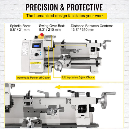 Mini Metal Lathe – 8" x 14", 650W Variable Speed Benchtop Lathe, 2250 RPM Precision Metalworking Lathe for Turning, Threading, and Milling