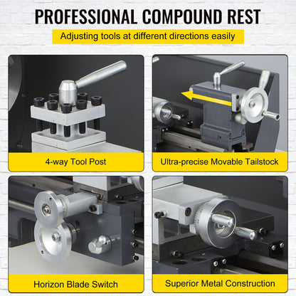 Metal Lathe – 8.3" x 29.5" Benchtop Precision Lathe, 750W Brushless Motor, 0–2500 RPM Variable Speed, Metal Gears, with Tool Box