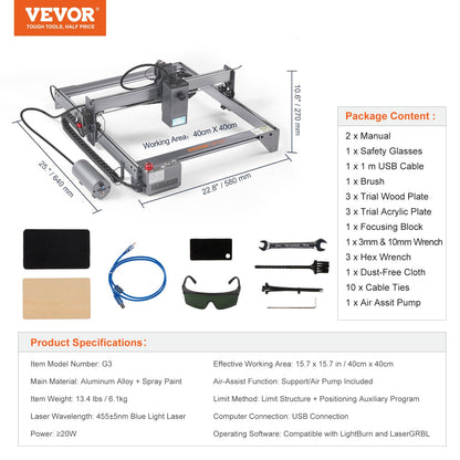 20W Laser Engraver – 15.7"x15.7" Work Area, 10,000mm/min Speed, Eye Protection Shield, Compressed Spot Cutter for Wood, Metal, Acrylic & More