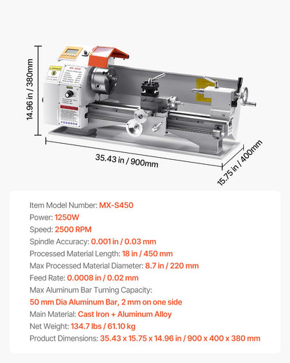 Metal Lathe Machine – 8.7" x 18" Precision Benchtop Lathe with Automatic Feed, Variable Speed Power Lathe for Metalworking