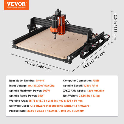 3-Axis CNC Router Machine – 300W Spindle, 15.7"x15.7" Work Area, GRBL Control for Wood, Acrylic, MDF, PVC, Plastic & Foam